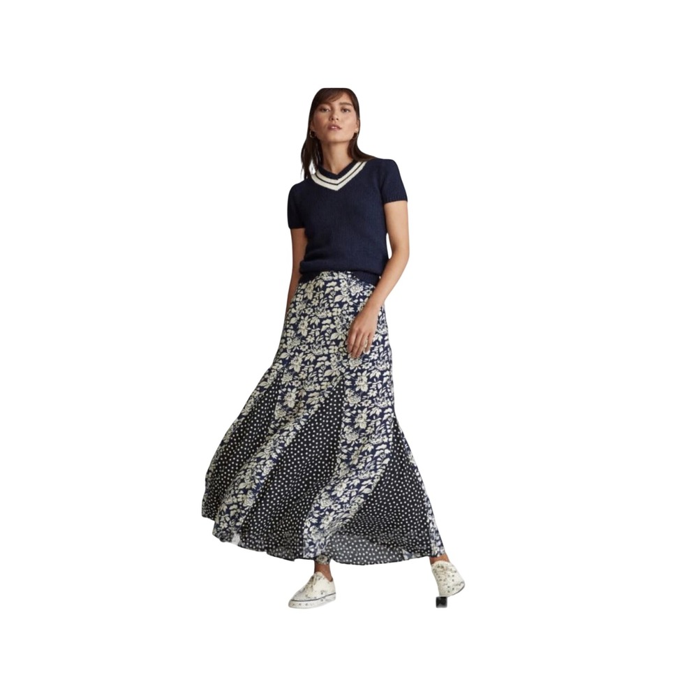 Polo Ralph Lauren Skirt Womens 8 Mixed Floral Polka Dot Navy Blue Maxi EUC